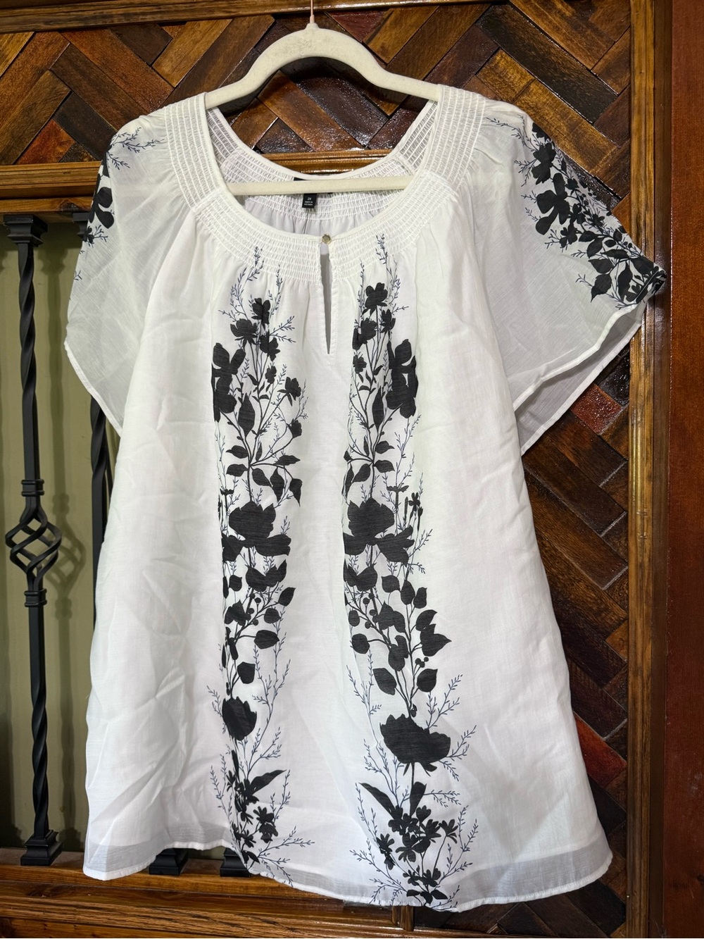 Talbots White Peasant Blouse with Black Floral Embroidery